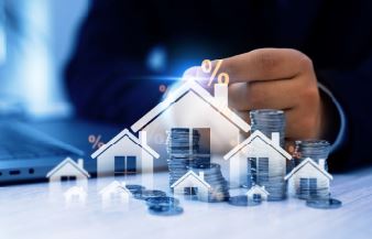 Häuser mit Mützen und Prozentzeichen