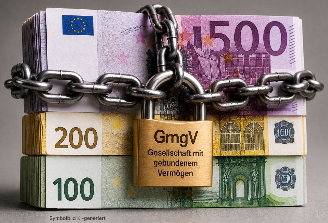 Geldscheine in Ketten gelegt mit Vorhängeschloss auf dem GmgV Gesellschaft mit gebundenem Vermögen steht